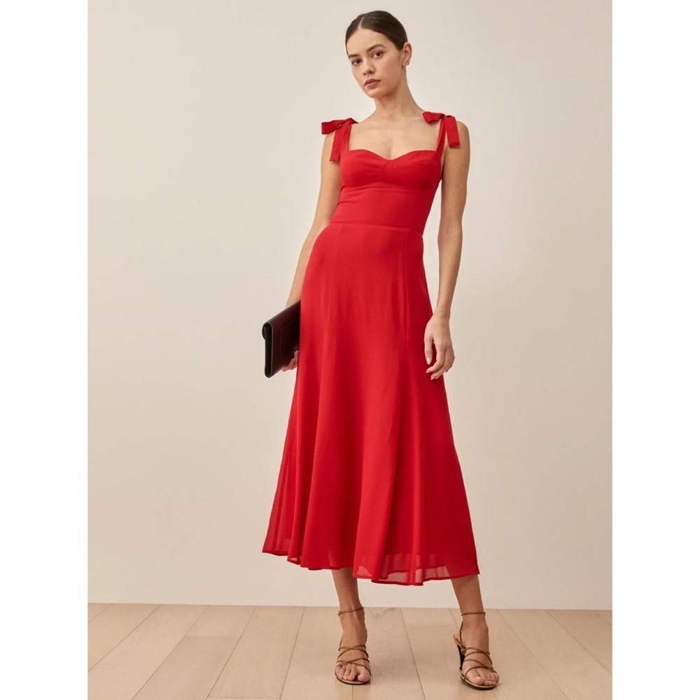 Reformation Nadira Tie-Strap Midi Dress in Poinsettia Red